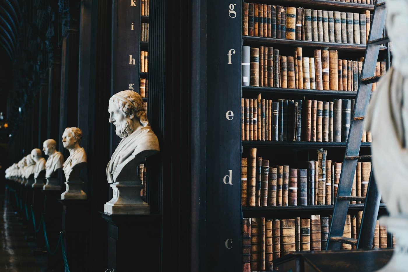 Historic library shelves lined with reference volumes