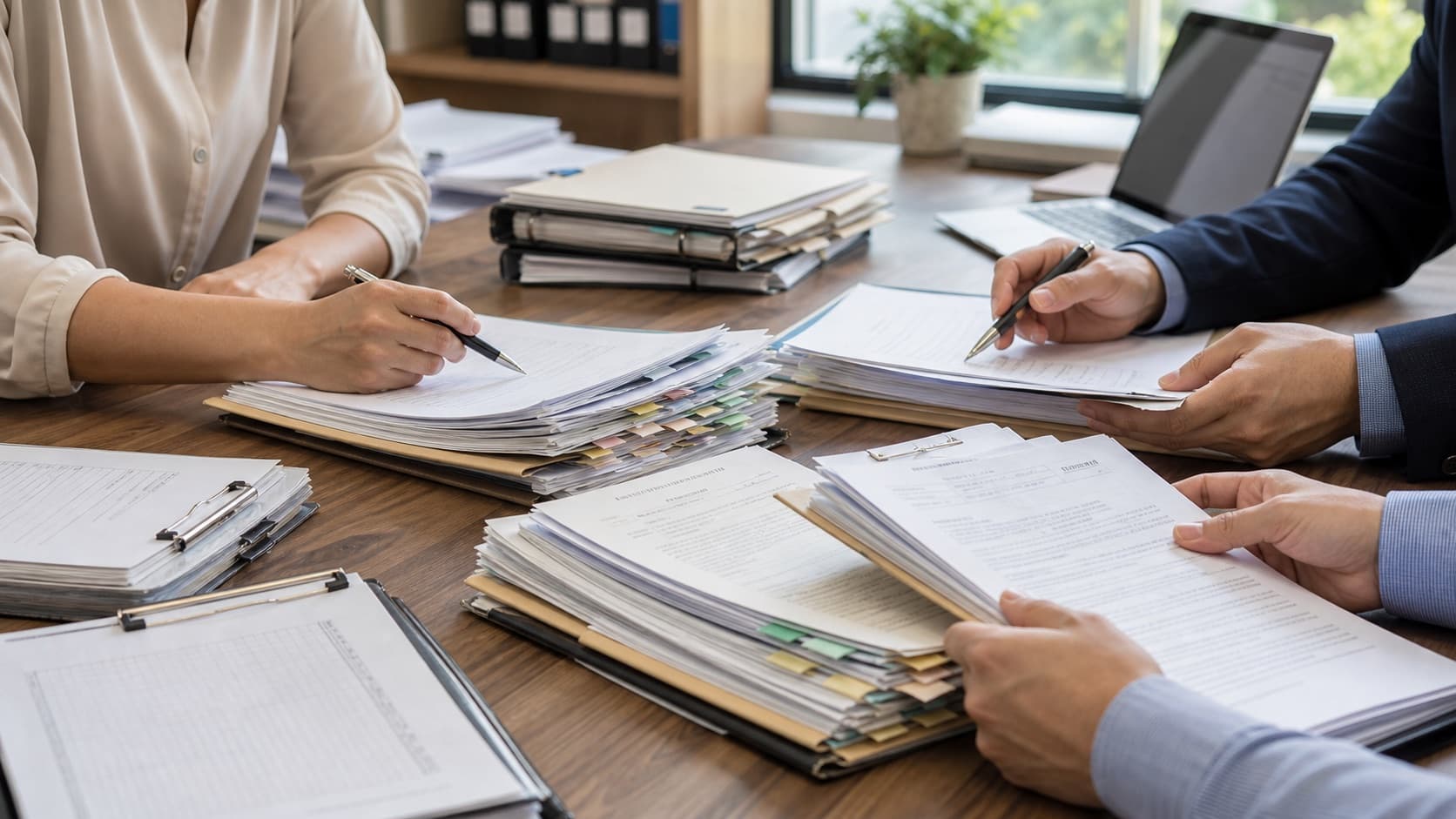 Reviewers comparing estate document files and notes at a wooden table